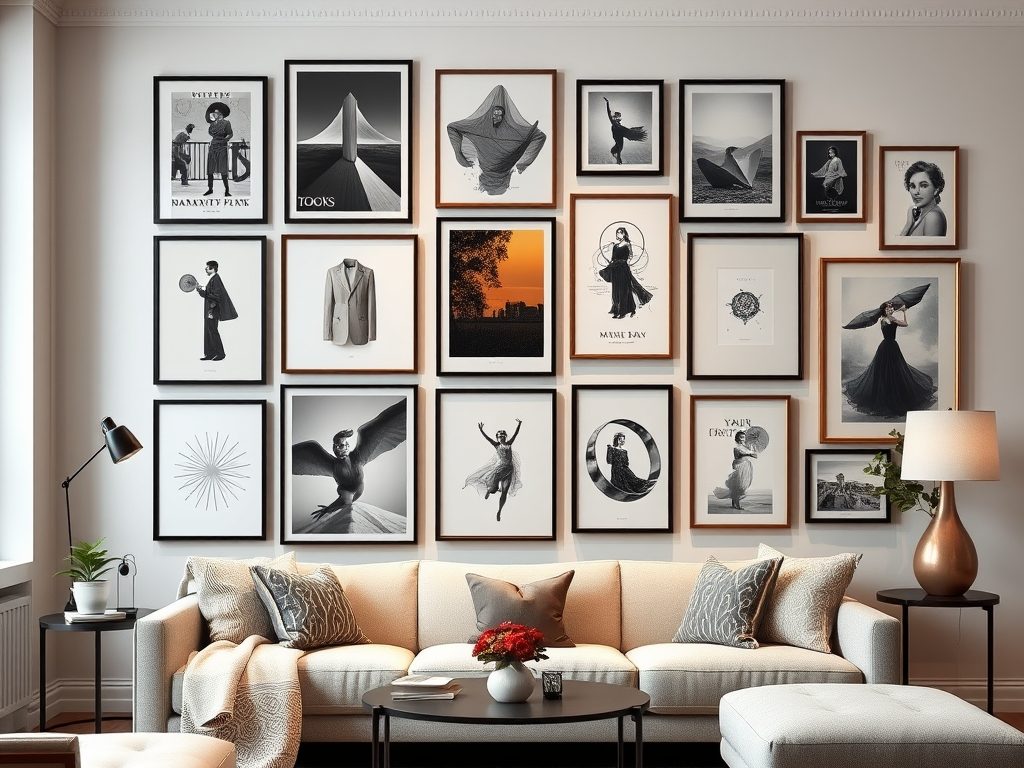 Galeria plakatów w salonie: jak zaplanować układ i dobrać rozmiary dla efektu harmonii i stylu
